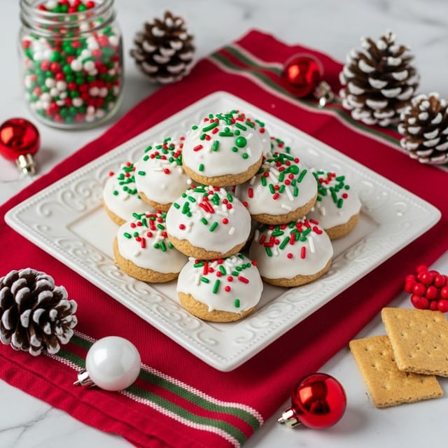 A white decorative square plate holds a pile of round cookies covered fully in white icing. Each cookie is topped with red, green, and white sprinkles in round and stick shapes, giving a festive look. The cookies are stacked in two uneven layers, creating a soft mound on the plate. The plate sits on a red cloth with dark green and white stripes, spread unevenly on a white marbled surface. Around the plate, there are frosted pine cones, small red and white baubles, and a glass jar filled with more red, green, and white round sprinkles. A couple of square graham crackers lie nearby. The whole scene gives a cozy, holiday feeling. photo taken with an iphone --ar 4:5 --v 7