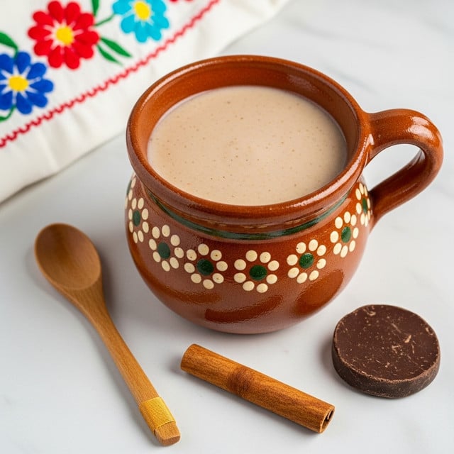 A close-up image of a rustic brown ceramic mug with simple white and green flower patterns around its middle, filled to the brim with a smooth, light brown creamy drink that has a few tiny specks visible on its surface. The mug is placed on a white marbled surface, accompanied by a wooden spoon to its left, a cinnamon stick below it, and a round piece of dark brown chocolate nearby. In the top left corner, a white cloth with red, blue, and green floral embroidery adds a soft, colorful touch to the scene. photo taken with an iphone --ar 4:5 --v 7