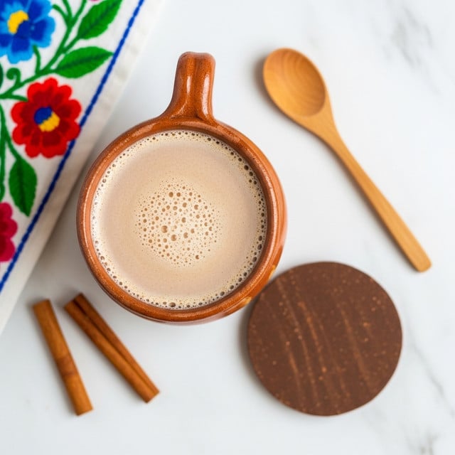 A top view of a rustic clay cup filled with a frothy light brown drink, showing a smooth yet slightly grainy texture on the surface. The cup sits on a white marbled surface, with two cinnamon sticks beside it and a round, dark brown solid disk next to the cup, giving a cozy vibe. A simple wooden spoon lies diagonally to the right of the cup, and a part of a white cloth with colorful floral embroidery (red, blue, and green) peeks in from the top left corner. photo taken with an iphone --ar 4:5 --v 7