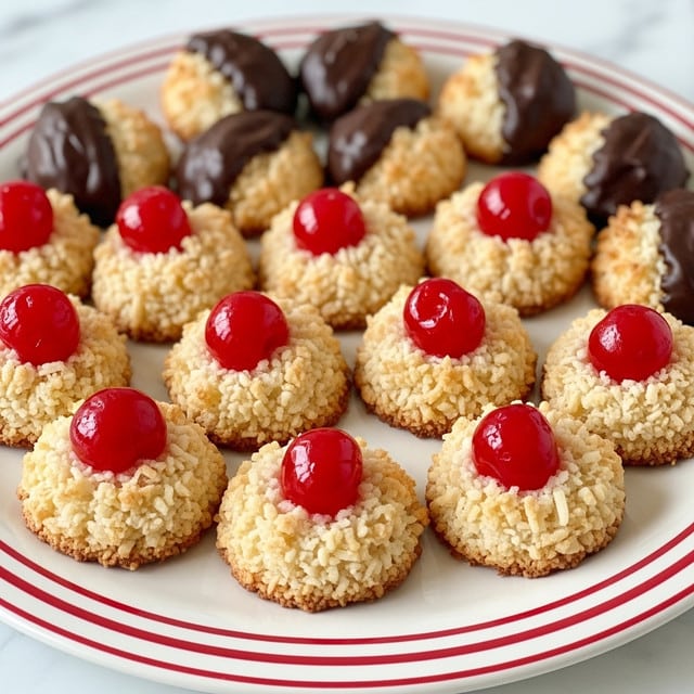 A round white plate with red stripes around the edge holds several small cookies. Most cookies have a rough, shredded coconut outer layer that is light golden brown, with a glossy bright red cherry placed in the middle of each. A few cookies in the back are half-covered with dark chocolate on top, with the same coconut base underneath. The plate sits on a white marbled surface. photo taken with an iphone --ar 4:5 --v 7