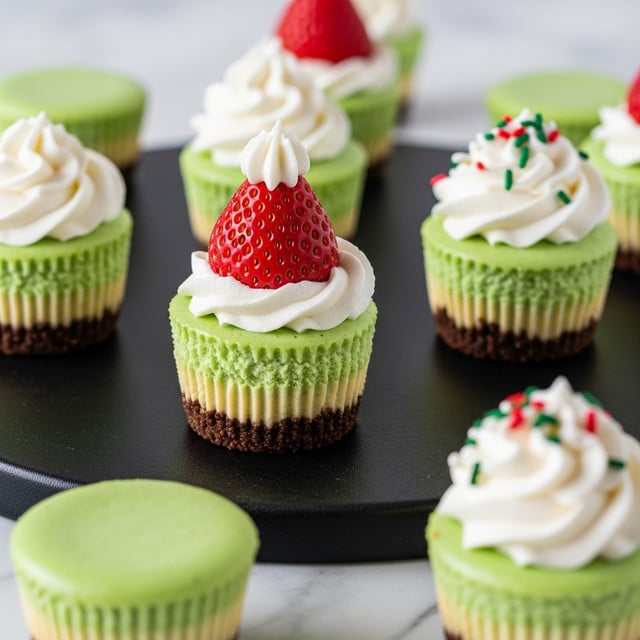 A close-up of a small dessert with three clear layers, placed on a piece of white parchment on a dark tray over a white marbled surface. The bottom layer is a dense dark brown crust, the middle layer is thick, bright green and creamy with a soft texture, and the top has a small dollop of white whipped cream decorated with green and red heart-shaped sprinkles. In the background, there are other small desserts with a white creamy layer topped with halved red strawberries on white cupcake liners. photo taken with an iphone --ar 4:5 --v 7