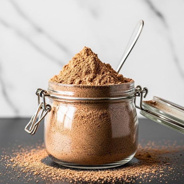 A clear glass jar filled to the top with fine, light brown powder that looks soft and crumbly, spilling slightly over the jar's edge. The jar sits on a dark surface with some powder scattered around its base. Inside the jar, a metal spoon rests slightly buried in the powder. The jar has a metal clasp on its side, and the background features a softly blurred white marbled texture. photo taken with an iphone --ar 4:5 --v 7
