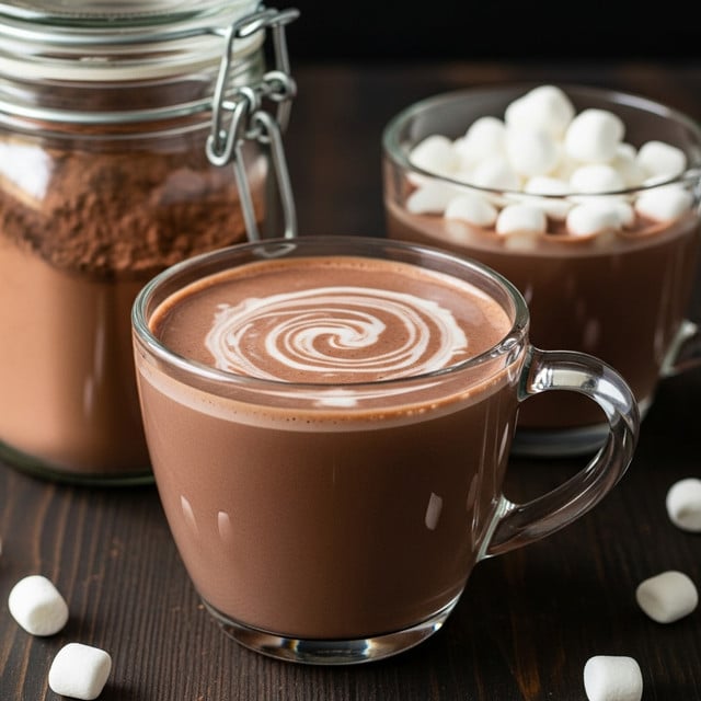 A clear glass mug filled with rich, smooth hot chocolate, showing a deep brown color with a light creamy swirl on top; behind it to the left, a jar filled with powdered cocoa is partially visible, and to the right, another clear glass mug of hot chocolate topped with small white marshmallows is seen; a few marshmallows are scattered on the dark wooden surface beneath the mugs. photo taken with an iphone --ar 4:5 --v 7
