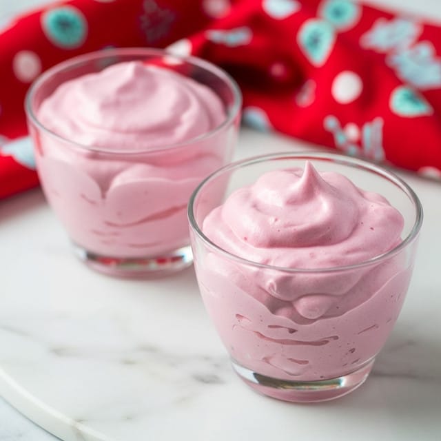 Two clear glass dessert cups filled with a light pink, fluffy mousse are placed on a white marbled surface. The mousse has a smooth, airy texture with a slightly uneven top. In the background, there is a red cloth with white and light blue patterns. The scene is softly lit, giving a fresh and inviting look to the mousse. photo taken with an iphone --ar 4:5 --v 7