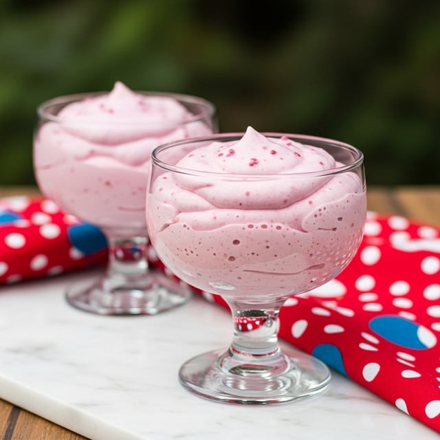 The image shows two clear glass dessert cups filled with a light pink mousse-like dessert. Each cup holds a fluffy, smooth textured mousse that reaches just above the rim, with small air bubbles visible, giving it a soft and airy look. The mousse has a uniform pale pink color with tiny darker pink specks scattered evenly throughout. The cups stand on a wooden surface with a white marble texture underneath, and a red cloth with white polka dots and a few blue shapes is partially spread behind them. The background is softly blurred, showing green and dark colors, possibly plants or trees, adding a natural touch. photo taken with an iphone --ar 4:5 --v 7