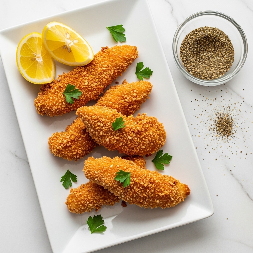 Three pieces of golden-brown fried chicken lie side by side on a white rectangular plate, each piece crispy with small green herb leaves sprinkled on top and cracked black peppercorns scattered around. On the left and right sides of the plate, there are thick lemon wedges showing their bright yellow peel and pale juicy interior. A small mound of crushed black pepper sits near the lemon wedge on the right. The plate rests on a white marbled surface, adding a clean and fresh look to the composition. Photo taken with an iphone --ar 4:5 --v 7