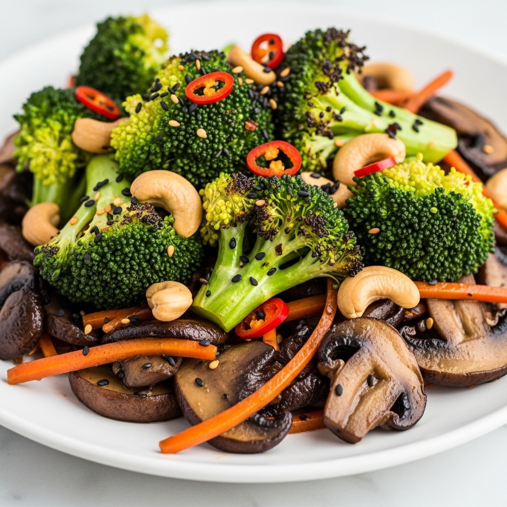 The image shows a white bowl filled with a mixture of cooked vegetables and nuts. The dish has layers of dark brown sliced mushrooms, bright green broccoli pieces, thin orange strips possibly of carrot, and light brown cashew nuts. The vegetables look slightly charred or cooked with a bit of seasoning, and some red flakes are sprinkled on top, adding a touch of color. The bowl is placed on a white marbled surface, creating a clean and fresh look. photo taken with an iphone --ar 4:5 --v 7