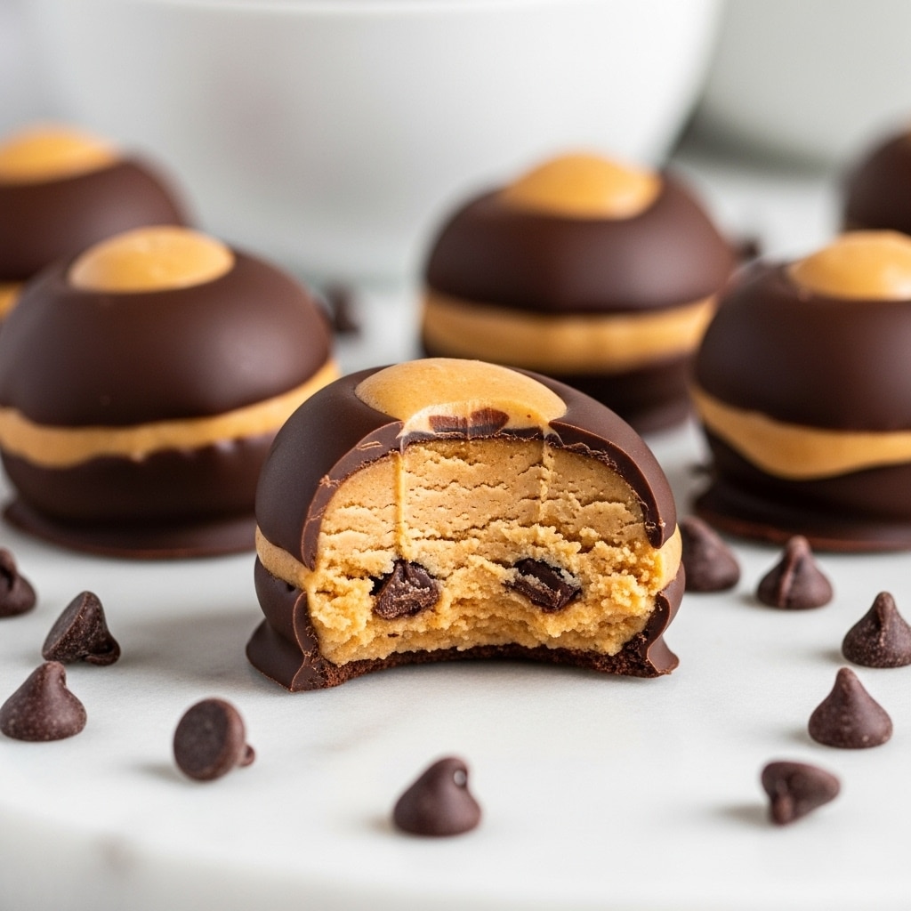 A close-up of several round chocolate-covered peanut butter bites placed on a white marbled surface, each piece having two layers: a smooth dark brown chocolate outer shell covering a thick, slightly rough-textured, light golden peanut butter filling inside. One piece is bitten, showing the dense peanut butter center with a few small bits of chocolate mixed in. Scattered dark chocolate chips are around the bites, and a white bowl is blurred in the background. photo taken with an iphone --ar 4:5 --v 7