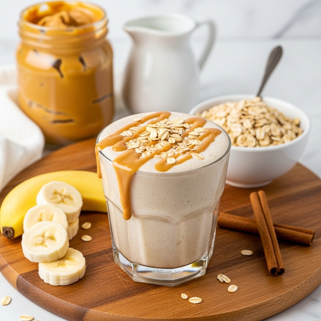 A glass filled with a creamy light beige smoothie topped with a drizzle of golden peanut butter sauce and sprinkled with oatmeal flakes is placed in the center on a round wooden board. Around the glass, there are three slices of banana on the left, a small white bowl filled with oatmeal slightly blurred in the background on the right, and two cinnamon sticks lying on the wooden board near the bowl. Behind the smoothie, a jar overflowing with smooth peanut butter and a small white pitcher of milk are visible against a white marbled surface. The overall scene has a warm, cozy feel with a focus on natural textures and colors. photo taken with an iphone --ar 4:5 --v 7
