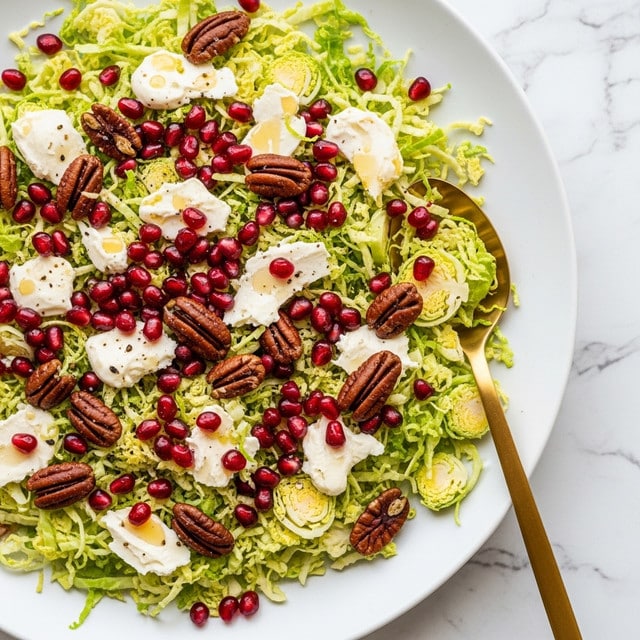 A close-up view of a salad served on a large white plate placed on a white marbled texture. The salad consists of finely shredded light green Brussels sprouts layered evenly across the plate. Scattered on top are deep red pomegranate seeds, adding bright bursts of color. Large, thin flakes of pale cream cheese are spread over the salad, along with clusters of dark brown candied pecans that provide texture. A golden spoon rests inside the plate on the right side, slightly inserted into the salad, complementing the overall warm tones of the dish. photo taken with an iphone --ar 4:5 --v 7