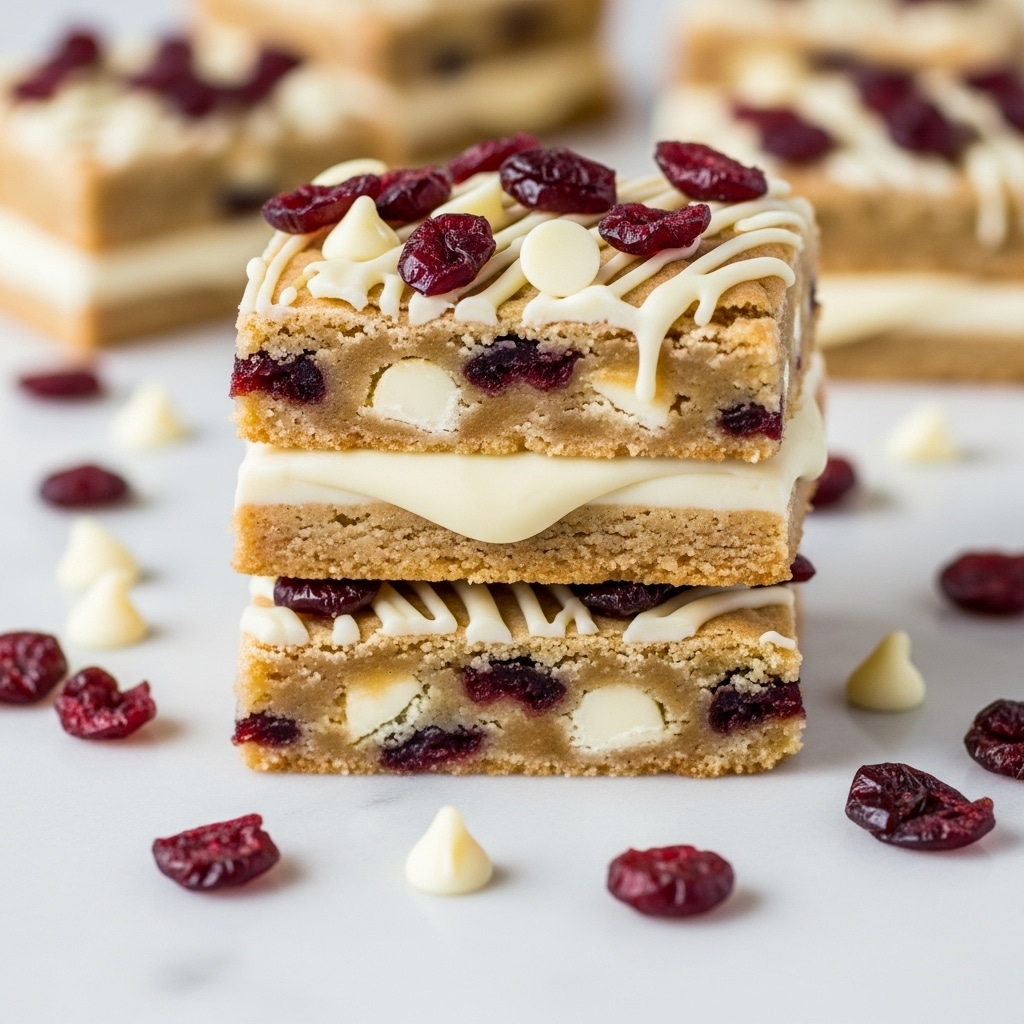 The image shows triangular cookie bars with three clear layers. The bottom layer is a light brown cookie dough containing visible white chunks and bits of red dried fruit. The middle layer is a smooth, creamy white frosting spread evenly across the top of the cookie base. The top layer consists of scattered pieces of bright red dried fruit, adding color contrast and texture. The cookie bars sit on a white marbled surface with some crumbs and drizzle around them. Photo taken with an iphone --ar 4:5 --v 7