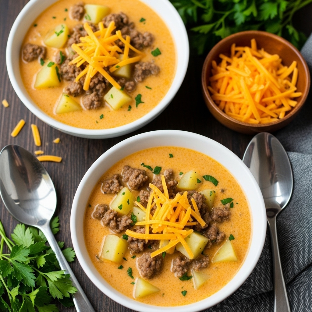 The image shows two white bowls filled with creamy soup that has a pale orange color, dotted with small chunks of light yellow potatoes and bits of browned ground meat evenly spread through the soup. Both bowls are topped with a small pile of shredded bright orange cheddar cheese and sprinkled with tiny green parsley pieces. The bowls sit on a dark wooden surface, with some fresh green parsley on the side and a small wooden bowl filled with more shredded cheddar cheese. Two large silver spoons lie next to the closest bowl, and a gray cloth napkin is partially visible in the corner. photo taken with an iphone --ar 4:5 --v 7