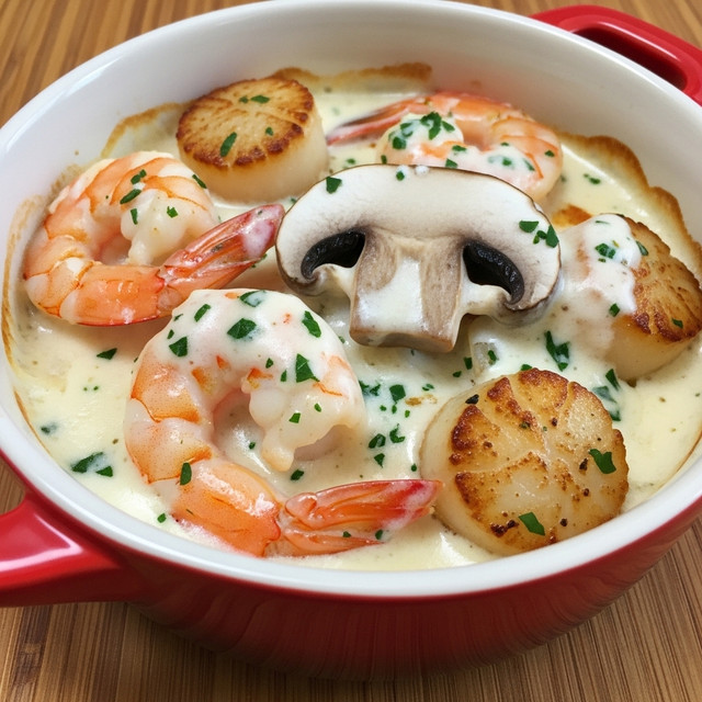 A close-up view of a creamy shrimp dish in a red ceramic bowl with a glossy finish and two small handles, placed on a wooden surface. The dish features several plump, pink shrimp coated in a rich white sauce speckled with green herbs. Among the shrimp, there are golden, lightly crispy scallops and a large mushroom slice with a smooth, dark brown top partially covered in the white sauce. The overall look is warm and inviting with soft textures and pops of green from the herbs. Photo taken with an iphone --ar 4:5 --v 7