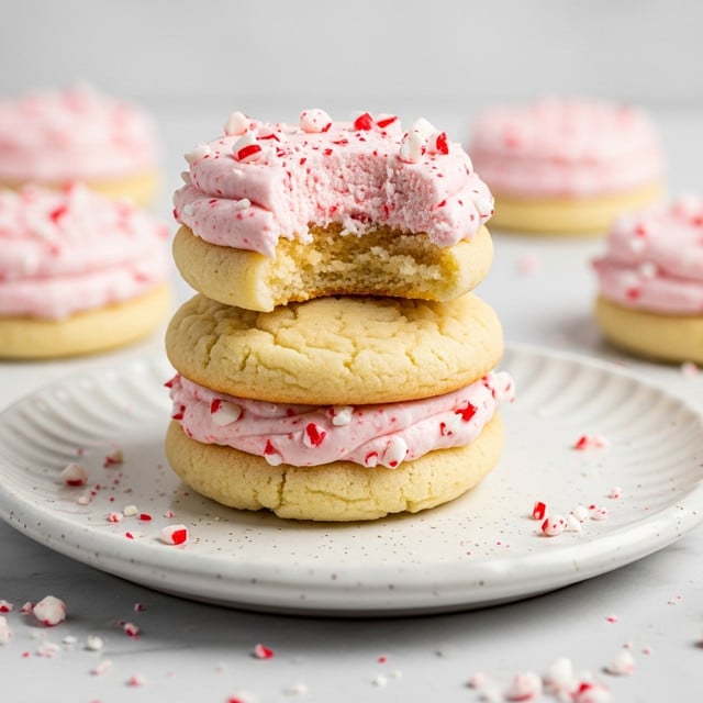 A stack of two round, soft, light golden cookies with smooth edges, each separated by a thick layer of light pink, fluffy frosting with small red and white peppermint bits mixed in. On top of the stack sits a third cookie, also round and soft, with a thick layer of the same pink frosting and peppermint pieces, this cookie has a bite taken out, showing a light, crumbly inside texture that contrasts with the smooth frosting. The cookies rest on a white speckled ceramic plate with a wavy edge, placed on a white marbled surface. Scattered peppermint pieces and crumbs surround the stack. photo taken with an iphone --ar 4:5 --v 7
