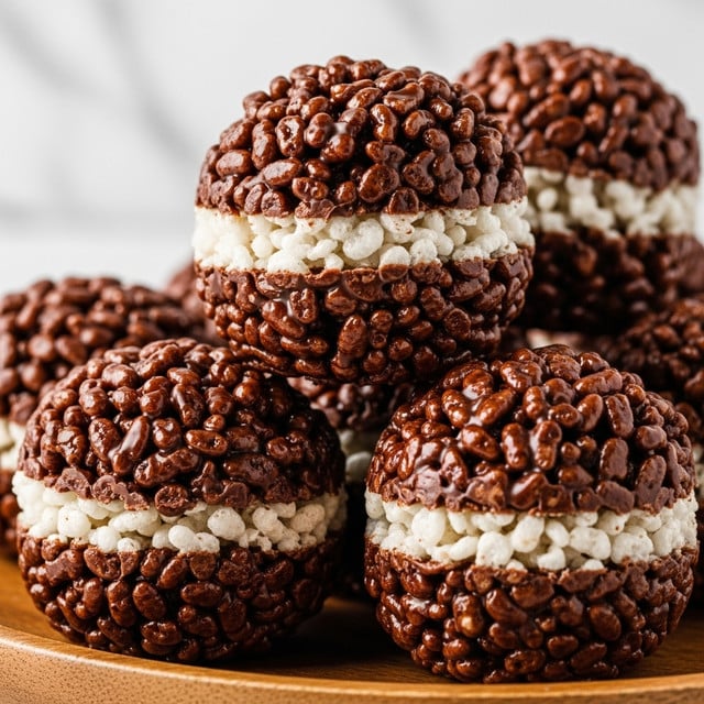 A close-up image of several round chocolate rice crispy treats piled on a wooden bowl, each treat showing a mix of glossy dark brown melted chocolate coating on the outside, with the textured light brown crispy rice pieces visible through the chocolate layer, giving a bumpy surface. The bowl sits on a white marbled texture background. photo taken with an iphone --ar 4:5 --v 7