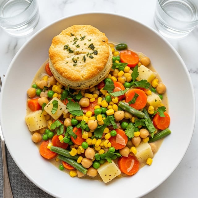 A shallow white bowl holds a creamy vegetable stew filled with brightly colored pieces of orange carrot, yellow corn, green peas, light beige chickpeas, and white potato cubes, all mixed in a thick white sauce with visible green beans. On top of the stew sits a round, golden-brown biscuit with a crisp texture, sprinkled with small pieces of green herbs. The stew itself is scattered with fresh, chopped green herbs, adding a fresh color contrast. The bowl is placed on a white marbled surface with two glasses of water nearby and a fork partially visible in the bottom left corner. photo taken with an iphone --ar 4:5 --v 7