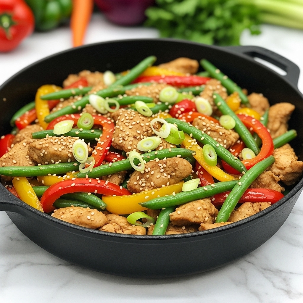 The image shows a black pan filled with a colorful stir-fry dish sitting on a white marbled surface. The dish has several layers: pieces of light brown cooked chicken are mixed with bright red and yellow bell pepper strips along with dark green string beans. The vegetables and chicken are coated in a shiny sauce, giving a glossy look. Small white sesame seeds are sprinkled on top, adding texture. Fresh green sliced scallions are scattered over the mix, adding a fresh contrast to the warm colors. The pan is shallow with a rough matte texture on the outside. Photo taken with an iphone --ar 4:5 --v 7