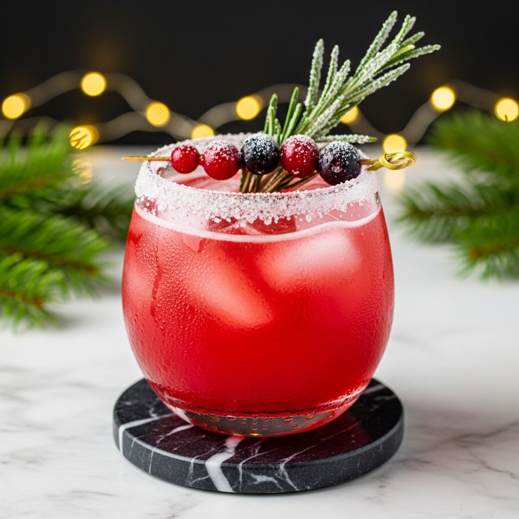 A clear rounded glass filled with bright red liquid and visible ice cubes inside, with the top edge coated in white sugar crystals. On the drink’s surface, a mix of shiny red and dark purple berries is placed, lightly dusted with powdered sugar. A small dusty green rosemary sprig stands upright in the drink, adding height and texture. The glass sits on a dark green marble coaster, with a white marbled surface beneath, and soft yellow lights are blurred in the background, creating a warm, festive feel. Photo taken with an iphone --ar 4:5 --v 7