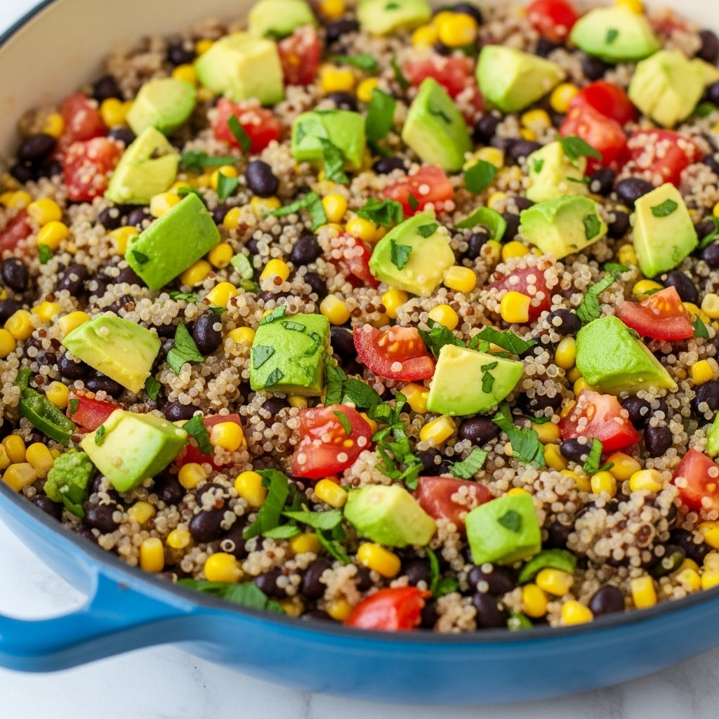 A blue cast iron skillet filled with a colorful mix of cooked quinoa, black beans, bright yellow corn kernels, diced green avocado, and small red tomato pieces, all evenly mixed together in a fluffy texture with some finely chopped herbs scattered throughout. The skillet is resting on a white marbled surface, and the vivid colors of the ingredients contrast nicely against the black interior of the pan. photo taken with an iphone --ar 4:5 --v 7