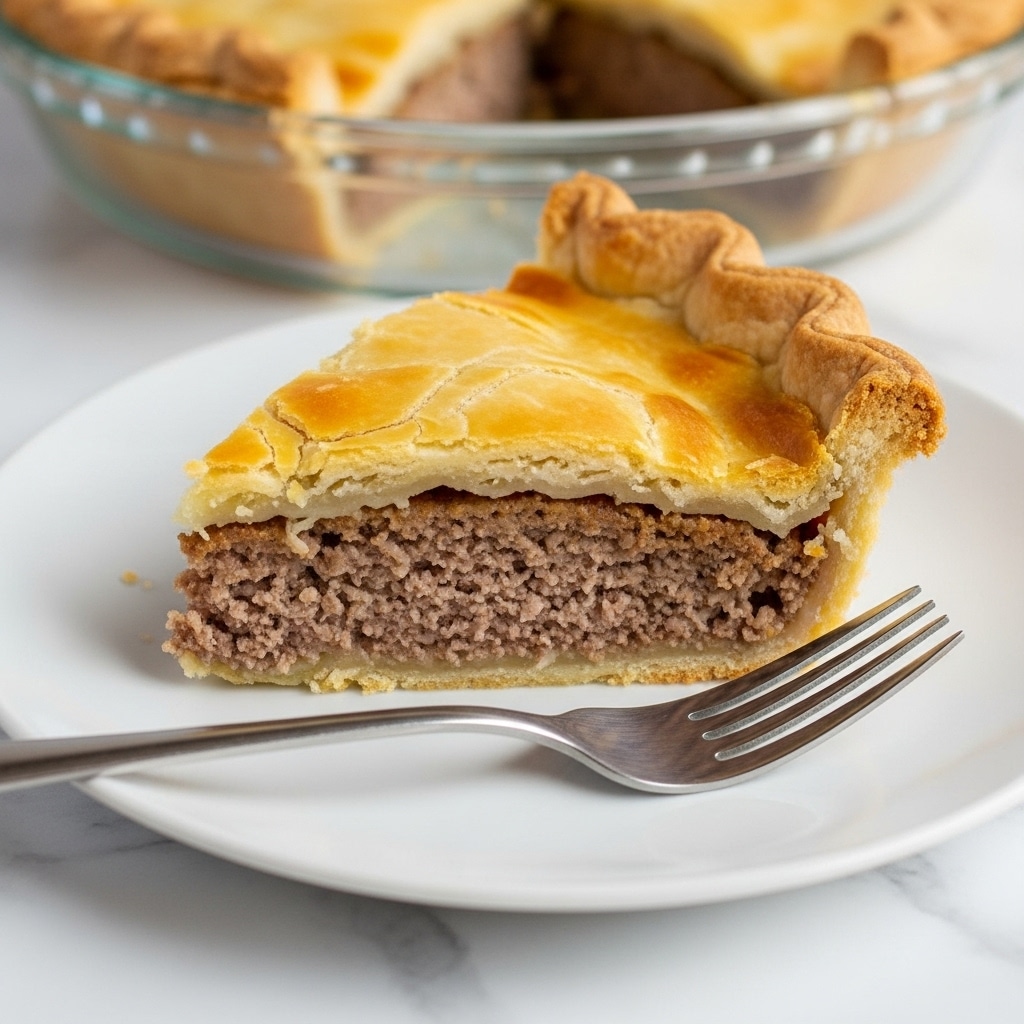 A single slice of meat pie is shown on a white plate with a silver fork next to it; the pie has two distinct layers with a thick bottom layer of ground meat that looks crumbly and brown, topped by a golden-baked, flaky crust with slightly uneven and textured edges, the crust appears slightly puffy and soft. The pie sits on a white marbled surface with a glass pie dish visible in the background. photo taken with an iphone --ar 4:5 --v 7