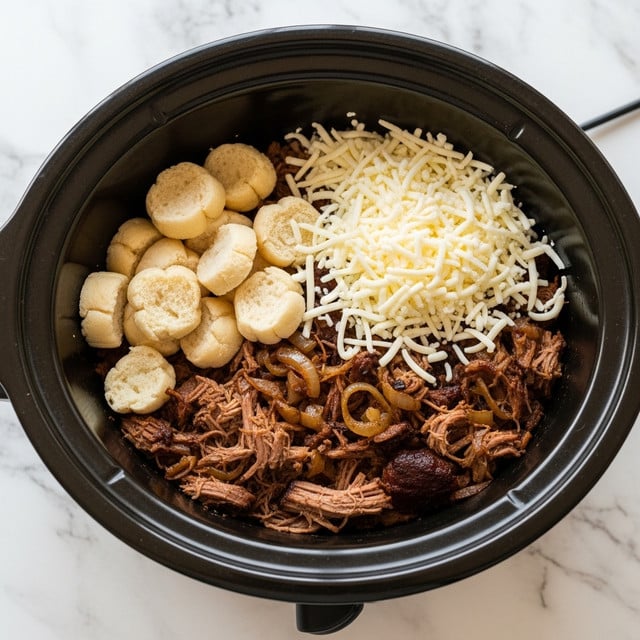 In a white bowl on a white marbled surface, there is a dish with two main parts: on one side, shredded dark brown meat mixed with melted light yellow cheese and garnished with small green herb sprigs, and on the other side, several small slices of toasted light golden brown bread, some topped with melted cheese and sprinkled with herbs. The dish gives a warm, rich feeling with a mix of textures from the soft meat and crunchy bread. Photo taken with an iphone --ar 4:5 --v 7