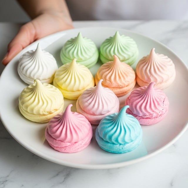 A white plate holds nine small, swirl-shaped meringue cookies in a close cluster. Each meringue has one peaked swirl on top, showing a smooth, airy texture with gentle ridges. The colors alternate around the plate, including soft white, pastel yellow, light green, peach, pink, and a very light blue, giving a bright and cheerful look. The plate is held by a woman's hand against a soft-focused background. The whole scene rests on a white marbled texture. photo taken with an iphone --ar 4:5 --v 7