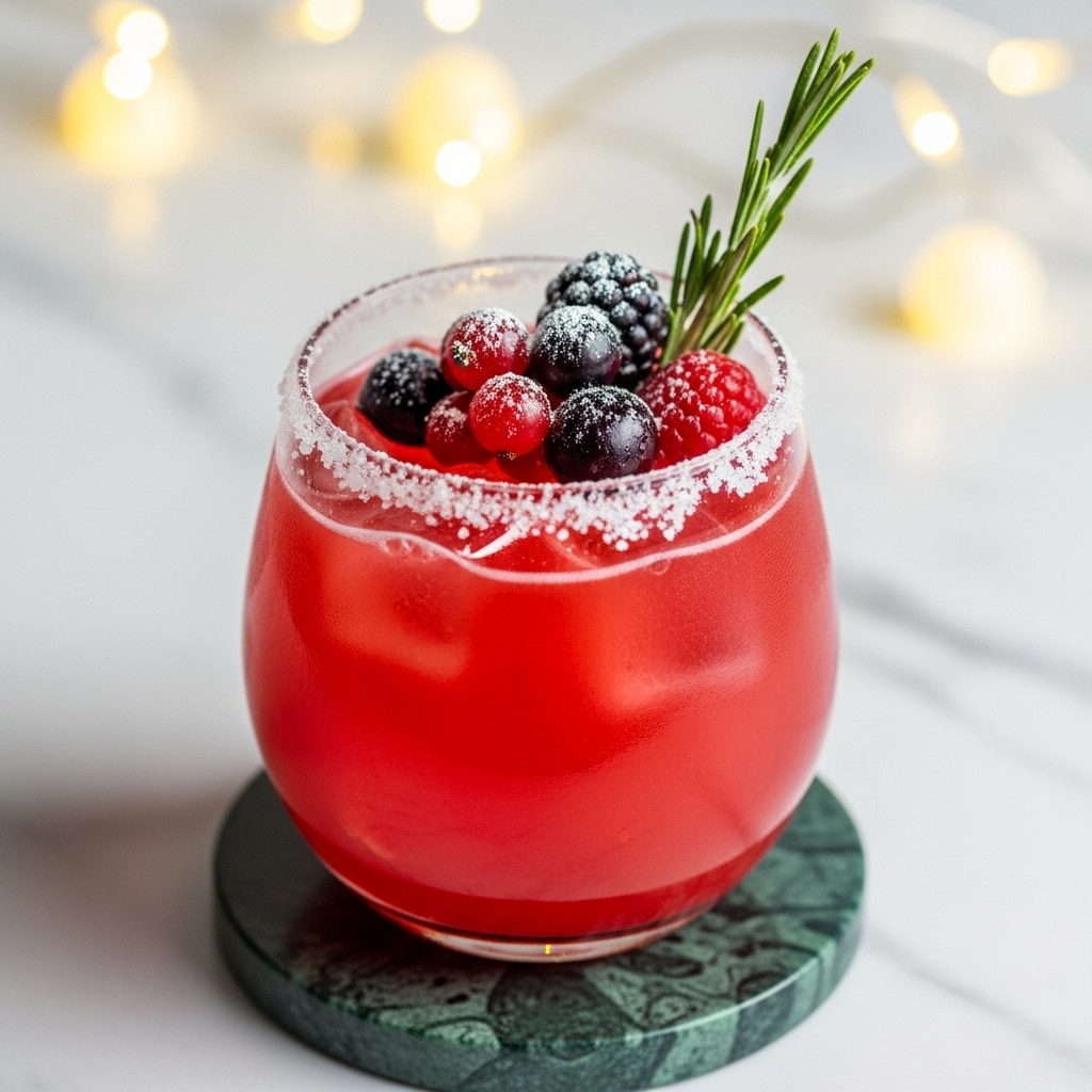 A clear round glass filled with a bright red drink and ice cubes, with a layer of frosty condensation on the outer surface. The rim of the glass is coated with a thick layer of white sugar crystals. On top of the drink, there are shiny red and dark purple berries along with a sprig of green rosemary dusted with white sugar. The glass sits on a black marble coaster placed on a white marbled surface, with blurred warm yellow lights and green pine branches in the background. photo taken with an iphone --ar 4:5 --v 7