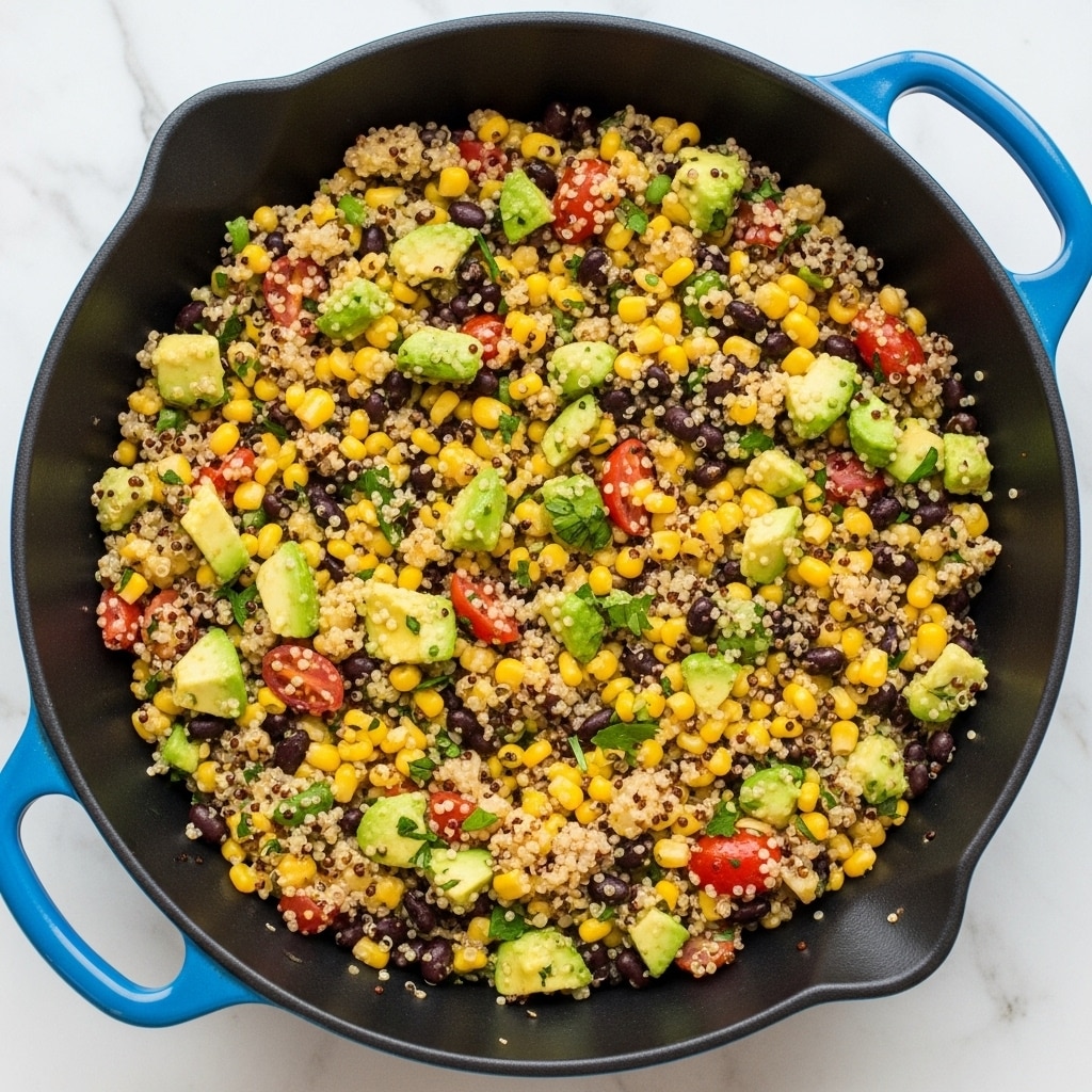 A close-up view of a large blue skillet filled with a colorful mix of cooked quinoa, black beans, yellow corn kernels, diced green avocado, chopped red tomatoes, and finely chopped green herbs. The quinoa is light brown and fluffy, creating the main base layer, while the black beans and corn add spots of black and yellow throughout. Bright green avocado pieces and red tomato chunks are scattered evenly, giving the dish a fresh, vibrant look. The skillet is placed on a white marbled surface, highlighting the colors of the dish. Photo taken with an iphone --ar 4:5 --v 7