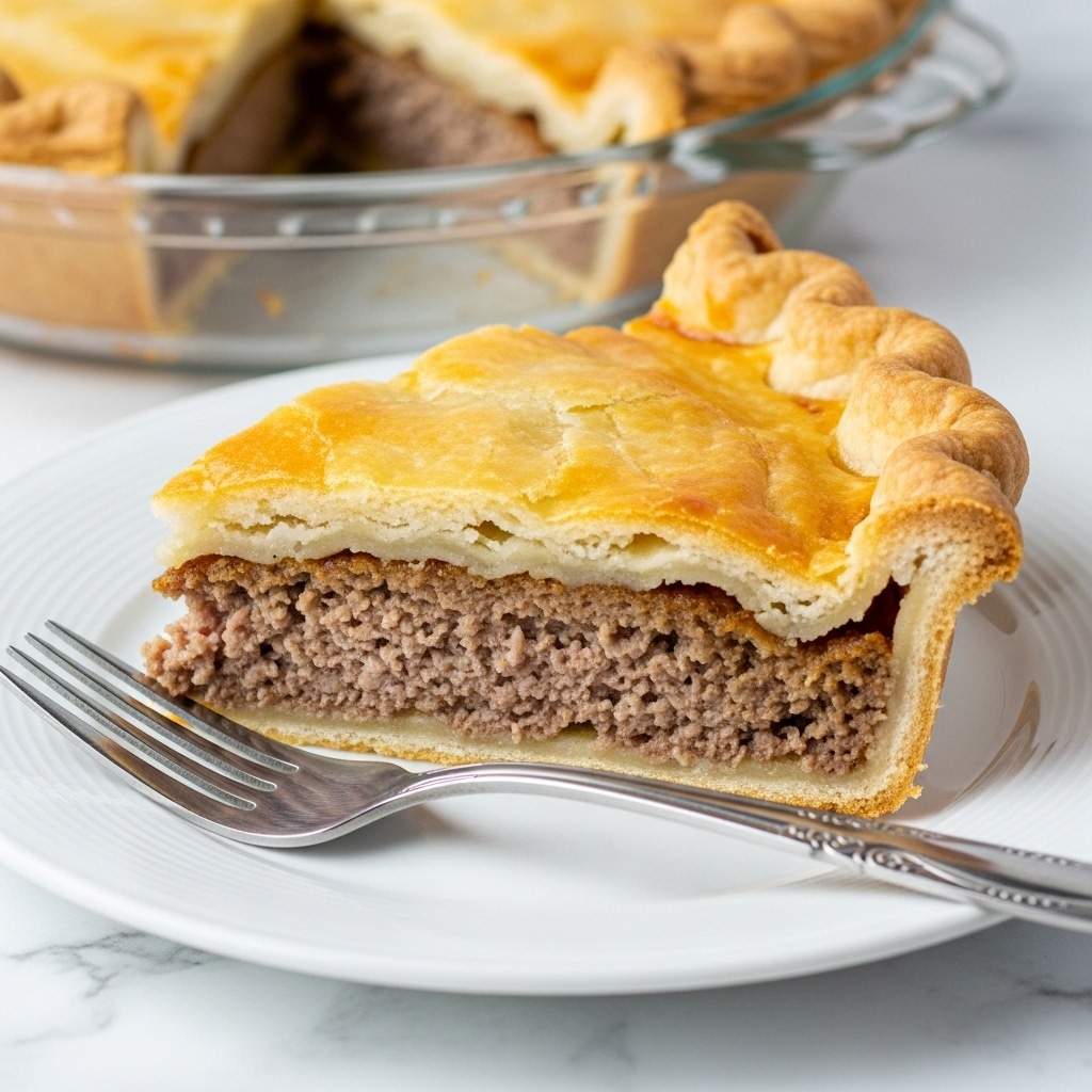 A round meat pie with a golden-brown crust sits on a wooden cutting board on a white marbled surface. The pie has a flaky textured top layer with a shiny finish. One slice is cut out and placed next to the pie, showing a thick middle layer of finely ground brown meat surrounded by a thin bottom crust that is light beige. In the background, green leafy lettuce and a yellow bell pepper add hint of fresh color. photo taken with an iphone --ar 4:5 --v 7