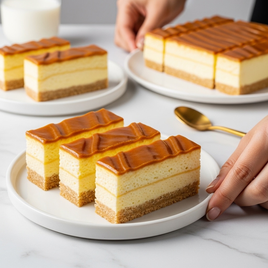 The image shows a close-up of a thick square slice of yogurt cake on a white plate placed on a white marbled surface. The cake has three distinct layers: the bottom layer is a thin, light golden crust; the middle layer is a dense, creamy pale yellow body with small air pockets scattered throughout; the top layer is a smooth, shiny brown crust with a slightly wrinkled texture. In the background, there are more slices of the same cake on white plates, softly blurred to keep focus on the front slice. The overall scene is bright and clean. photo taken with an iphone --ar 4:5 --v 7