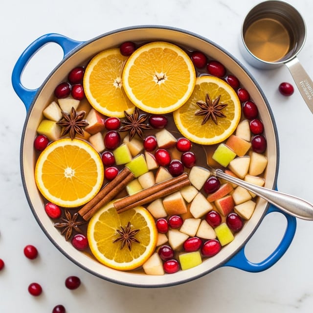 A large white pot with blue handles filled with a drink that has several layers of fruit and spices floating on top. The top layer shows bright orange slices arranged evenly around the pot, mixed with red cranberries scattered throughout. There are also pieces of apple cut into small chunks with red and green skin visible, adding a fresh texture. Floating among the fruit are dark brown star anise and two cinnamon sticks, giving a warm spice look. A silver spoon is partially submerged in the drink on the right side. The pot is placed on a white marbled surface with extra cranberries scattered around and a metal measuring cup filled with liquid nearby. Photo taken with an iphone --ar 4:5 --v 7