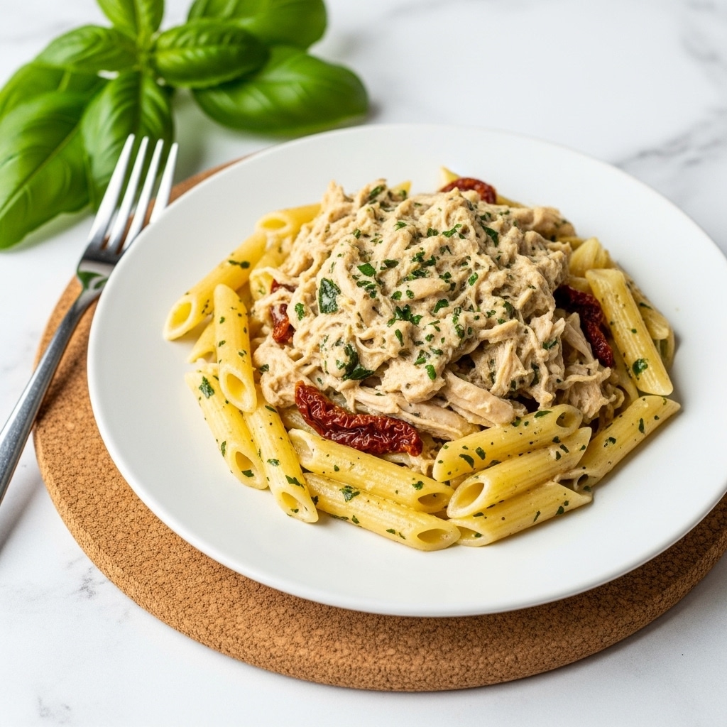 A white plate holds a serving of penne pasta mixed with shredded chicken in a creamy sauce, with visible bits of herbs and small pieces of sun-dried tomatoes throughout. The pasta is cooked to a soft yellow color, and the chicken topping is light beige with green herb flecks, creating a textured and slightly chunky appearance on top. The plate sits on a round brown cork mat, and beside it is a fork resting on the left side with fresh green basil leaves in the background. The scene is set on a white marbled texture surface. photo taken with an iphone --ar 4:5 --v 7