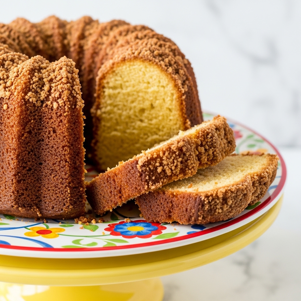 A close-up view of a thick, golden brown, round cake with a rough, crumbly top layer and a soft, light yellow inside visible through three tall, evenly sliced pieces. The cake sits on a white plate with colorful, floral patterns and a red rim, which rests on a yellow cake stand. The background is a white marbled texture. photo taken with an iphone --ar 4:5 --v 7