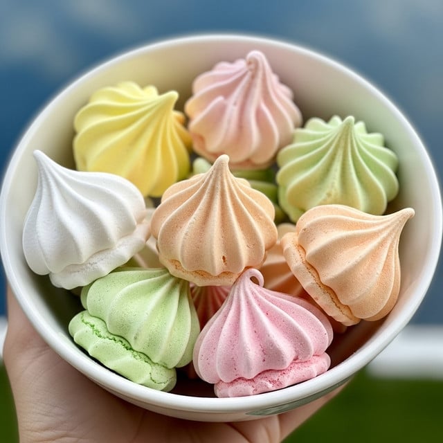 A white bowl holds eight small meringue cookies, each with a swirled peak shape. The meringues are in soft pastel colors: white, yellow, light green, peach, pink, and a pale orange. Their texture is smooth with a delicate, almost matte finish, and they are closely packed inside the bowl. The bowl is held by a woman's hand and the background shows a soft blurred blue and green mix, giving a gentle outdoor feel. photo taken with an iphone --ar 4:5 --v 7
