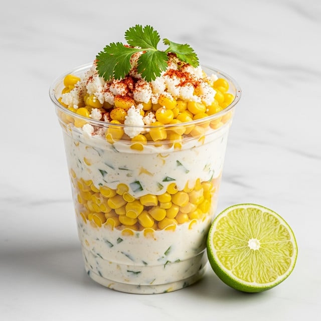 A clear plastic cup filled with several layers of creamy corn mixed with small bits of green herbs, topped with a thick layer of bright yellow corn kernels. On top, there is a sprinkling of white crumbly cheese and red chili powder, with fresh green cilantro leaves scattered over everything. Beside the cup lies a fresh green lime wedge placed on a white marbled surface. photo taken with an iphone --ar 4:5 --v 7