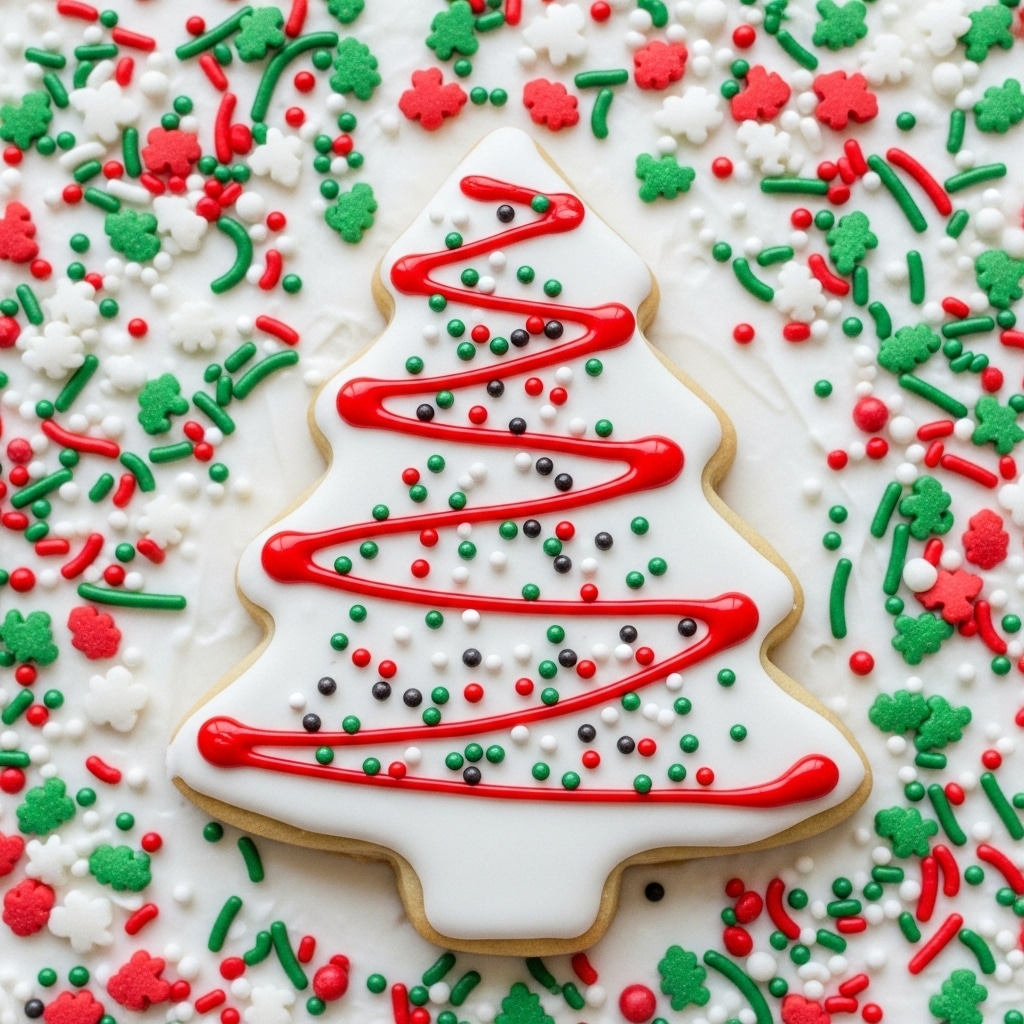 The image shows a close-up of a Christmas tree-shaped cookie covered in white icing with a smooth texture. The cookie is decorated with red icing lines that swirl across its surface and is sprinkled with small green, red, white, and black sprinkles. The cookie sits on a background of thick white frosting, scattered heavily with red, green, and white sugar sprinkles of various sizes and shapes, creating a festive, colorful, and textured look. photo taken with an iphone --ar 4:5 --v 7