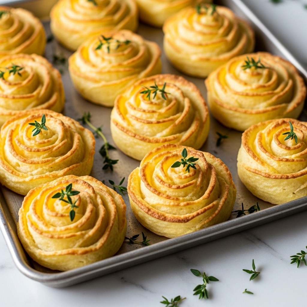 The image shows a baking tray filled with twelve mashed potato swirls, each shaped like a rose with a golden brown top layer and light yellow soft texture inside. The swirls are evenly spaced on the tray and have small green sprigs of thyme placed on top of each one, adding a fresh color contrast. The edges of the swirls have a slightly crispy and browned texture, while the inner parts look smooth and creamy. The background shows a white marbled texture surface. photo taken with an iphone --ar 4:5 --v 7