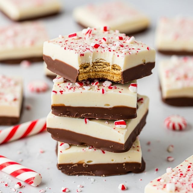 A stack of four square treats sits on a white marbled surface, each with a base layer of light brown graham cracker visible inside the top piece with a bite taken out. Each treat is covered in a thick, smooth layer of white coating, topped with small crushed peppermint pieces scattered unevenly. The edges of the treats are dipped in a darker chocolate layer that contrasts with the white top. Crushed peppermint pieces and a peppermint stick can be seen near the base of the stack, adding bright red and white accents. Photo taken with an iphone --ar 4:5 --v 7