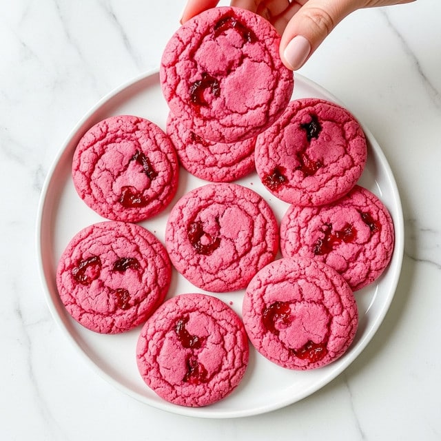 Nine bright pink cookies with a soft, slightly chunky texture sit on a sheet of white parchment paper. Each cookie is round and thick, with visible chunks of red fruit or jelly embedded throughout. The cookies are placed in a neat 3 by 3 grid on a brown baking tray, which rests on a white marbled surface. The photo taken with an iphone --ar 4:5 --v 7