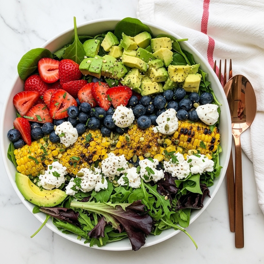 A large white bowl is filled with a colorful layered salad on a white marbled surface. The bottom layer is made of mixed green and purple leafy lettuce. On top of the greens, there are bright red strawberry slices, deep blue blueberries, and vibrant yellow grilled corn pieces with some charring. Scattered throughout the salad are chunks of green avocado and small white dollops of cheese. The salad is sprinkled with chopped herbs and seeds adding texture and color. A copper fork and spoon rest next to the bowl on the marbled surface, and a white cloth with red stripes is casually placed in the background. Photo taken with an iphone --ar 4:5 --v 7