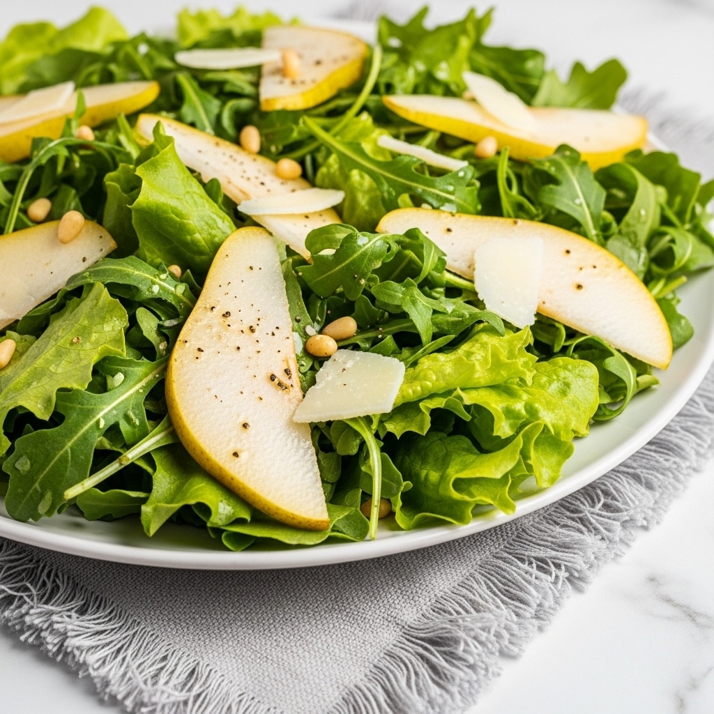 A white shallow bowl filled with a fresh salad made of several layers: the base is leafy green arugula with its jagged edges and vibrant fresh green color, mixed with thin, pale yellow slices of pear scattered evenly on top. There are small pine nuts sprinkled across, adding tiny beige spots. The salad is lightly dressed with a grainy, speckled mustard vinaigrette that glistens subtly on the leaves and pear slices, giving a slight shine. The texture shows crispness from the greens and softness from the pear, all sitting on a white marbled surface with a soft neutral-toned cloth underneath. Photo taken with an iphone --ar 4:5 --v 7