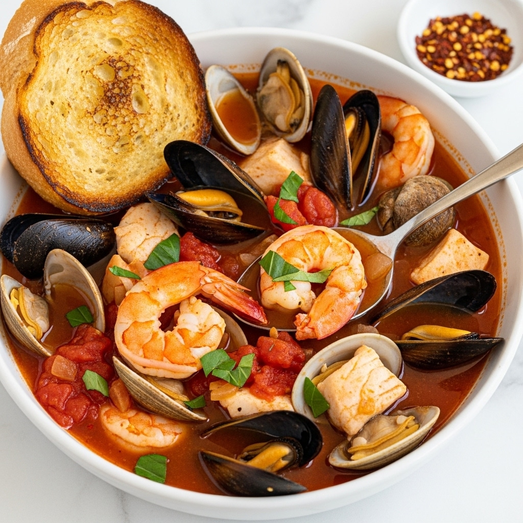 A white bowl filled with a rich red seafood soup, showing a mix of shrimp with pink curled bodies, black mussels with open shells, clams with light gray shells, and chunks of white fish. The soup base is a thick tomato broth with visible pieces of diced tomatoes and onion, garnished with small green herb leaves scattered on top. A large piece of toasted bread with a golden crust rests on the bowl's edge. A metal spoon is partially dipped in the soup, holding a shrimp and a sprinkle of green herbs. The bowl sits on a white marbled surface with a small white dish of red pepper flakes nearby. photo taken with an iphone --ar 4:5 --v 7