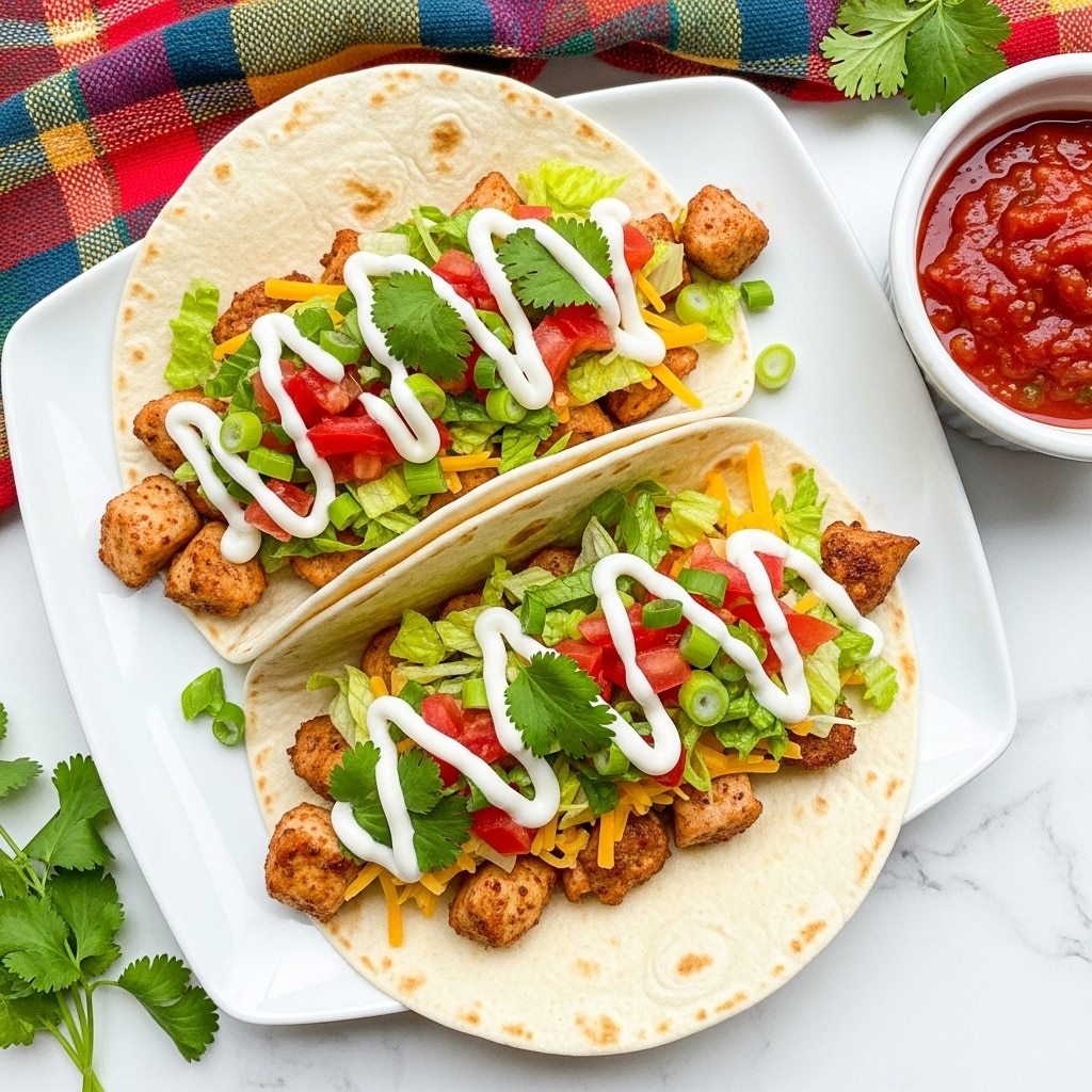 Two soft white flour tortillas lie flat on a white square plate set on a white marbled surface. Each tortilla is filled with a bottom layer of small, browned grilled chicken pieces, followed by a layer of shredded yellow cheese. On top, there is a layer of chopped fresh green lettuce and diced red tomatoes. Bright green sliced scallions and fresh cilantro leaves are scattered over, and each taco is drizzled with white sour cream in a zigzag pattern. To the side, there is a small white bowl filled with red chunky salsa and a small bunch of fresh cilantro on the surface. A colorful plaid cloth is partially visible in the top corner. photo taken with an iphone --ar 4:5 --v 7