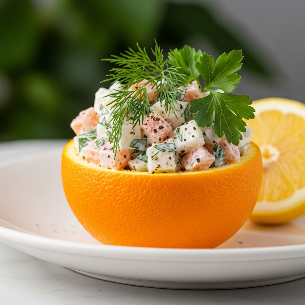 A close-up of a dish featuring a hollowed orange half filled with a creamy salad made of white and orange diced pieces mixed with herbs and black pepper specks, garnished on top with fresh green dill and parsley sprigs, all placed on a white plate with blurred greens and a lemon wedge in the background, resting on a white marbled surface. photo taken with an iphone --ar 4:5 --v 7