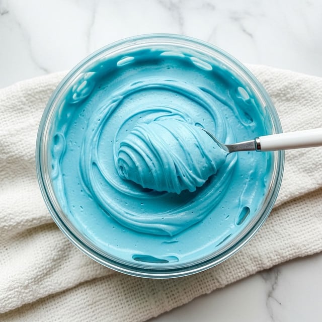 A clear container filled with one thick layer of smooth, bright blue frosting with a creamy texture. A spoon with a white handle is partially dipped into the frosting, lifting a small amount from the center. The container rests on a textured white cloth, set on a white marbled surface. photo taken with an iphone --ar 4:5 --v 7