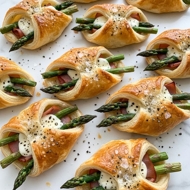 Several golden brown puff pastries are arranged on a white marbled surface, each shaped like a diamond with folded corners. They have flaky, crisp layers with a touch of coarse salt and cracked black pepper sprinkled on top. Inside, the pastries contain green asparagus spears and melted white cheese, with thin slices of pink ham visible in some. The texture of the pastry is light and airy, and the asparagus looks fresh and slightly roasted. photo taken with an iphone --ar 4:5 --v 7