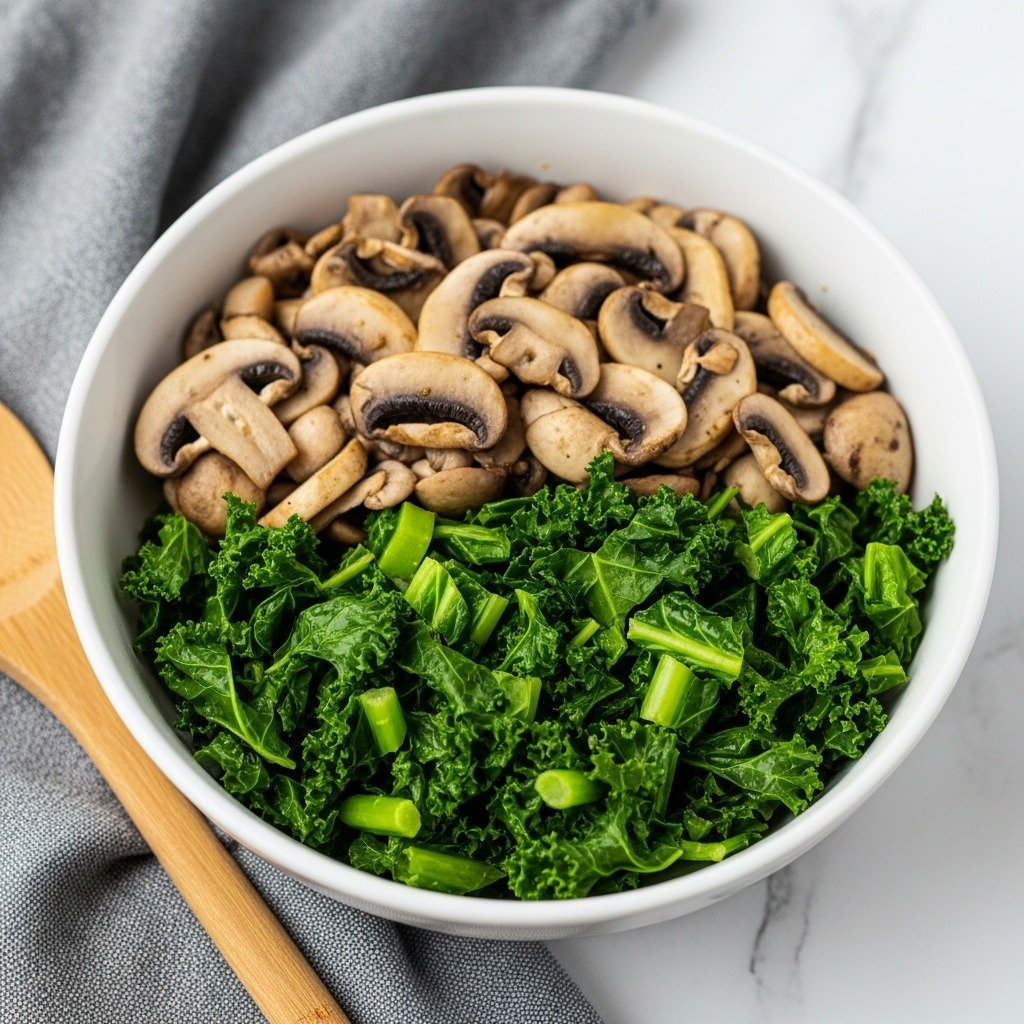 A white bowl filled with two layers of cooked vegetables: the bottom layer is bright green kale with visible stems and slightly wilted leaves, and the top layer is light brown sliced mushrooms mixed evenly with the kale, showing a soft texture. The bowl sits on a grey cloth with a wooden spoon nearby, all on a white marbled surface. The scene looks fresh and natural with a close-up view. photo taken with an iphone --ar 4:5 --v 7
