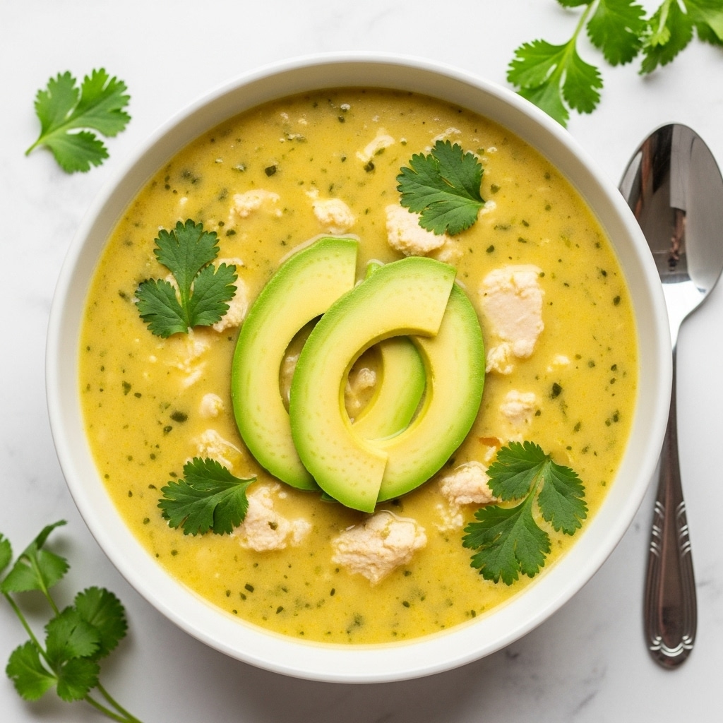 A white bowl filled with creamy yellow soup that has small green herb specks throughout, topped with three slices of light green avocado placed in the center, surrounded by small pieces of white chicken meat, and sprinkled with fresh green cilantro leaves scattered on top and floating in the soup. The bowl sits on a white marbled surface with a silver spoon nearby and some extra cilantro leaves around. Photo taken with an iphone --ar 4:5 --v 7