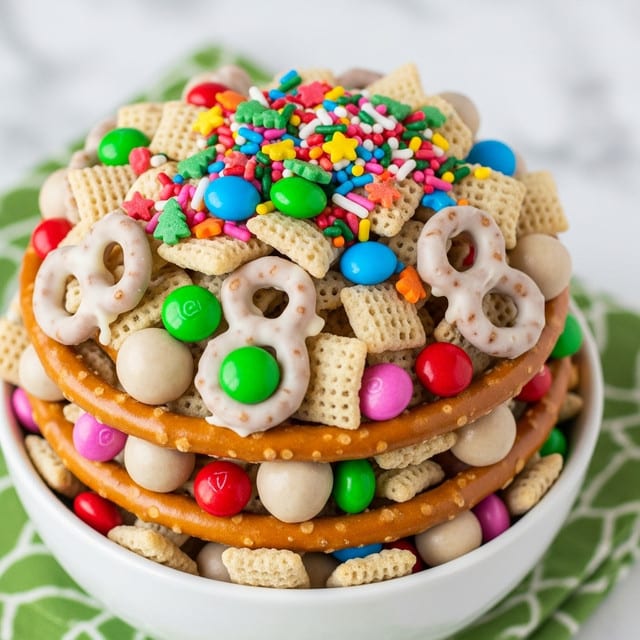 A close-up of a colorful snack mix in a white bowl, filled with multiple layers of light beige square cereal pieces, light brown pretzels covered in white coating, and round light beige coated candies. The mix is decorated with bright green, red, and pink candy pieces and topped with multicolored sprinkles in shades of green, red, yellow, pink, blue, and orange, some shaped like stars and Christmas trees. The bowl sits on a green patterned cloth with the background of a white marbled surface. photo taken with an iphone --ar 4:5 --v 7