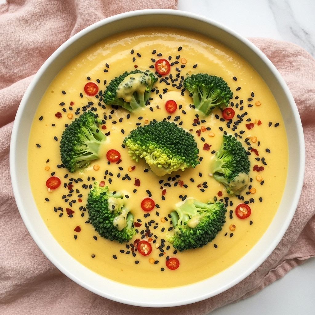 A round white bowl is filled with a smooth, creamy yellow cheese sauce. Inside the sauce, several green broccoli florets are partly covered but still visible. Black sesame seeds and small red chili flakes are sprinkled across the top of the sauce, adding texture and small spots of dark and red colors. The bowl sits on a soft, pale pink cloth, all placed on a white marbled surface. The image shows a close, top-down view of the dish. photo taken with an iphone --ar 4:5 --v 7